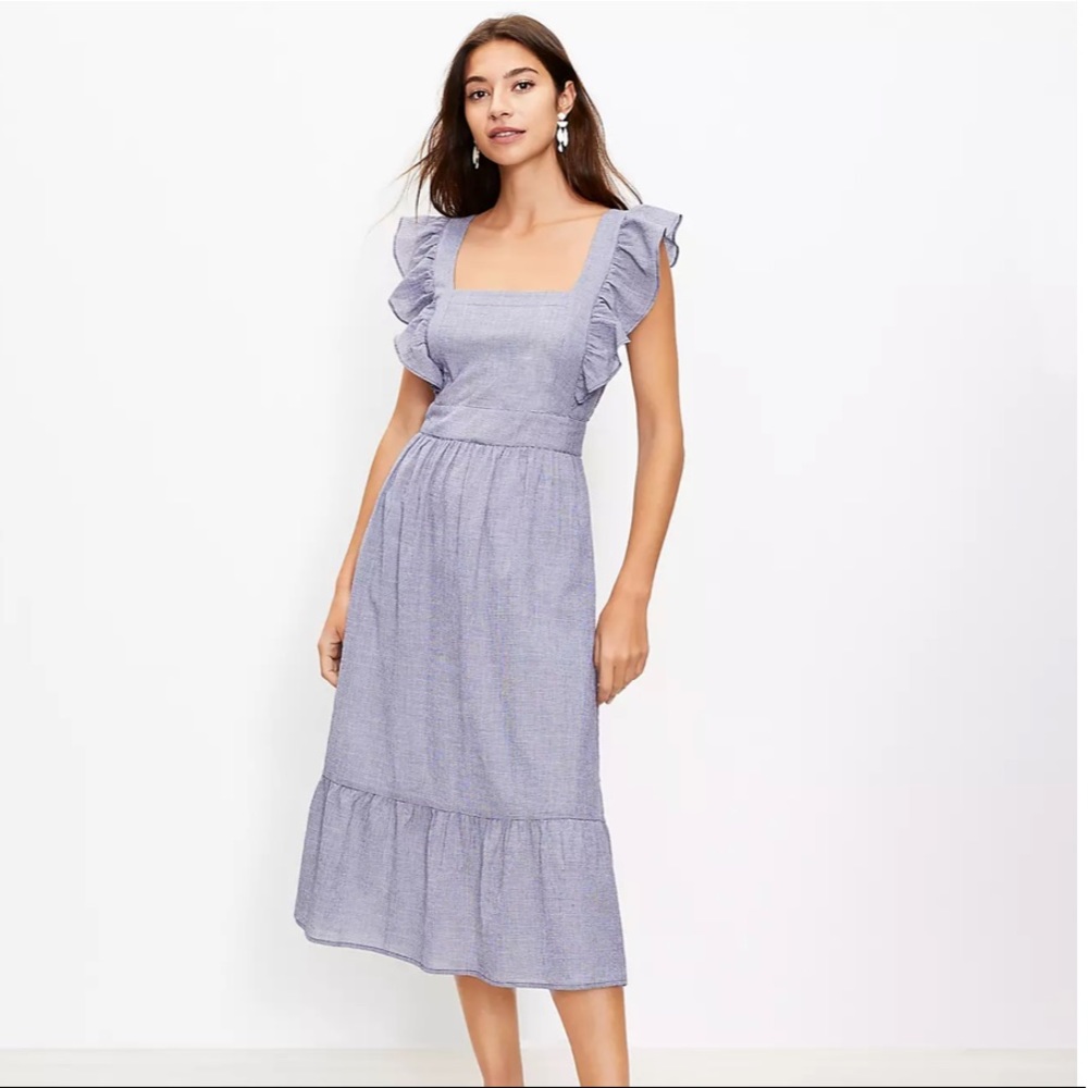 NWT Loft Checked Ruffle Cutout Back Midi Dress